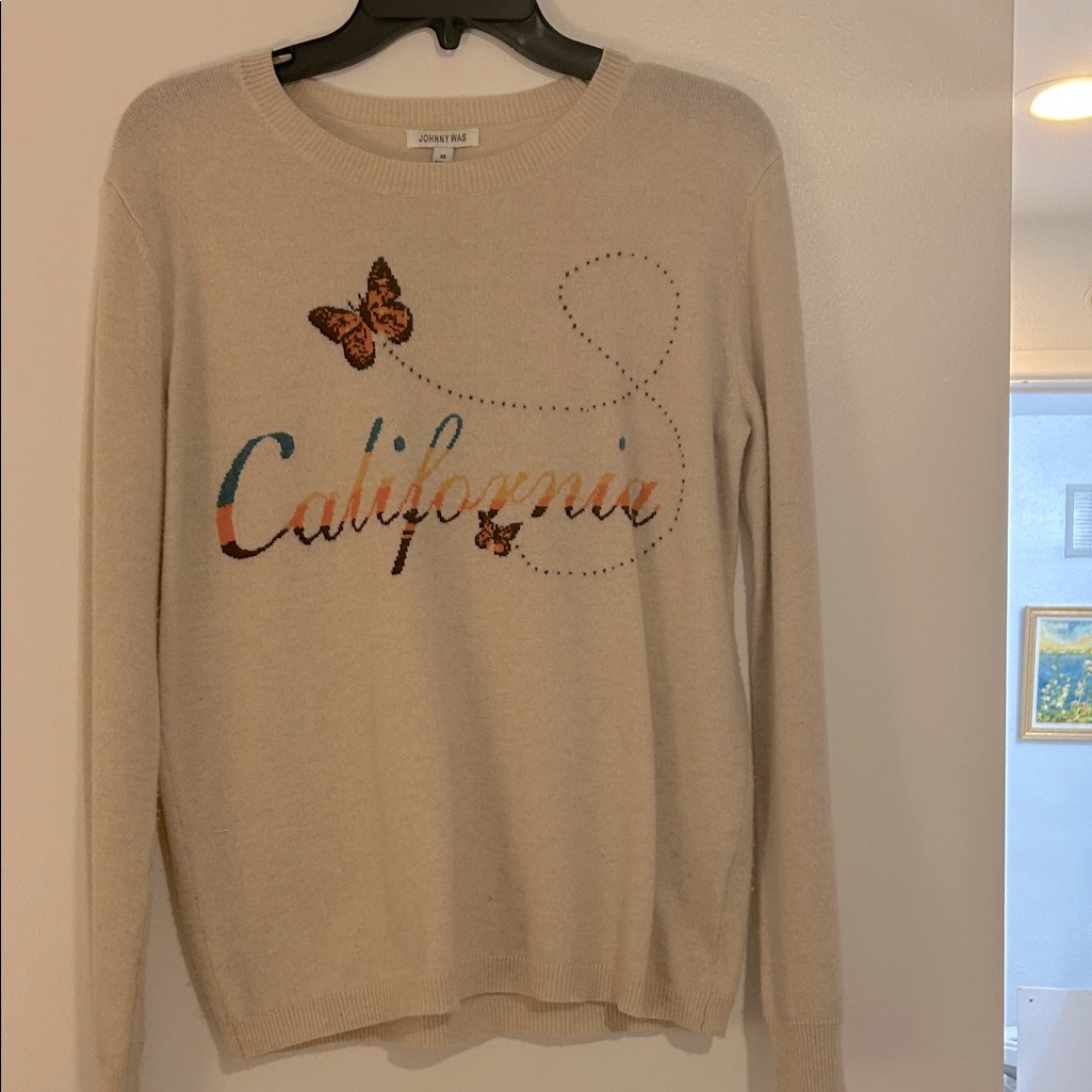 Johnny Was Beige Cashmere Sweater With Butterfly And California Design